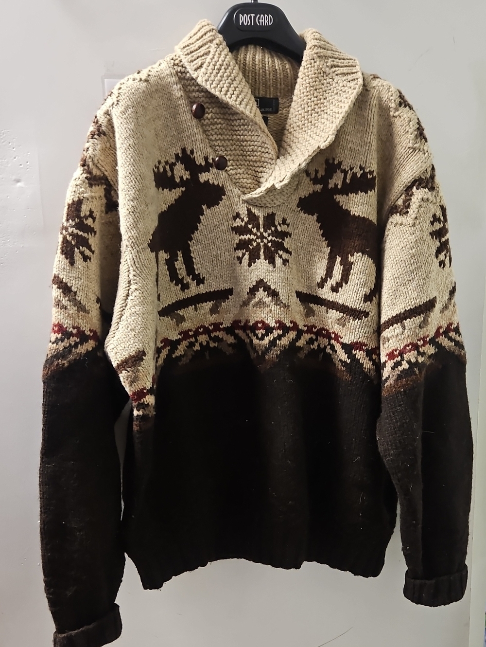 Polo by Ralph Lauren Beige & Brown Moose V-Neck Sweater Vintage 100 Wool.
